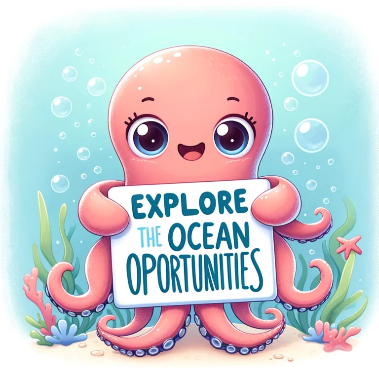 Милый мультяшный осьминожек держит табличку с надписью 'Explore the Ocean of Opportunities' на подводном фоне